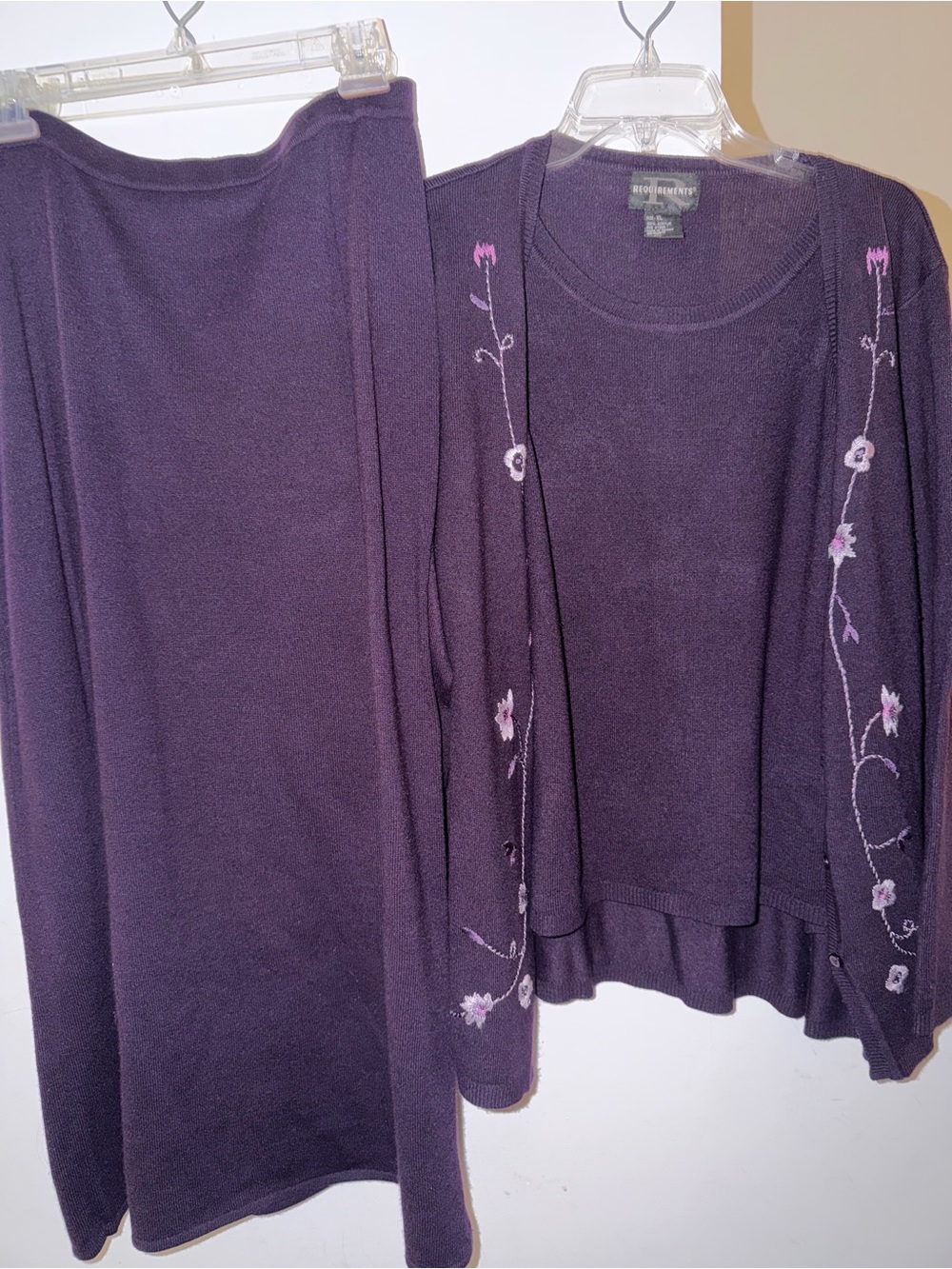 Requirements 2 Pc Purple Floral Embroidered Sweater Set XL/L Cardigan Skirt
